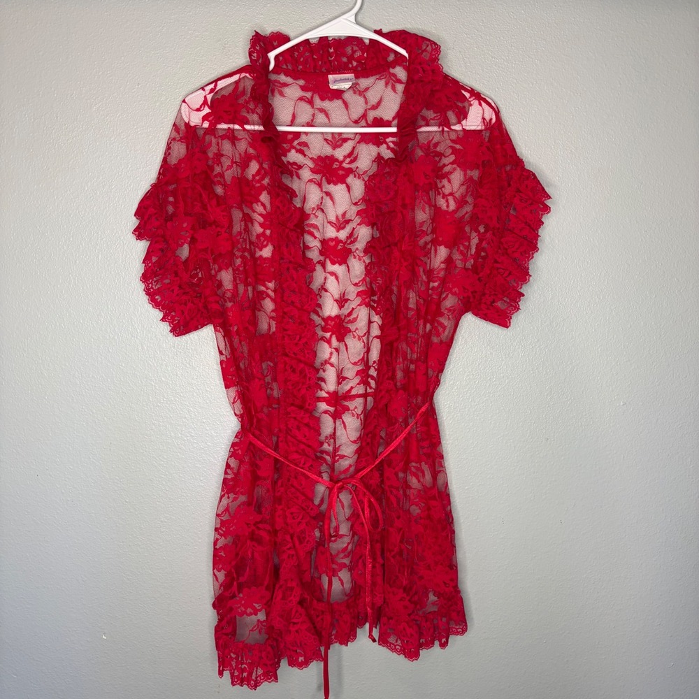 Fredericks of Hollywood Red Lace Robe Sheer Floral Ruffle Bed Jacket‎ OS Vintage